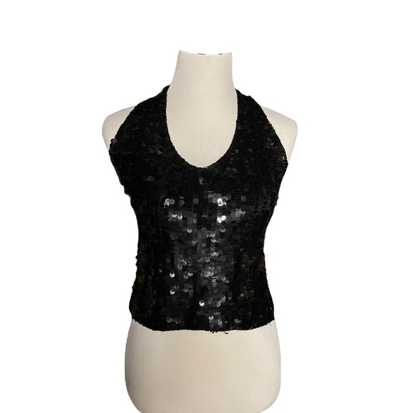 Cathy Hardwick Tops - Cathy Hardwick Small Black Sequin Halter Top Lambswool Beads Vintage Hong Kong